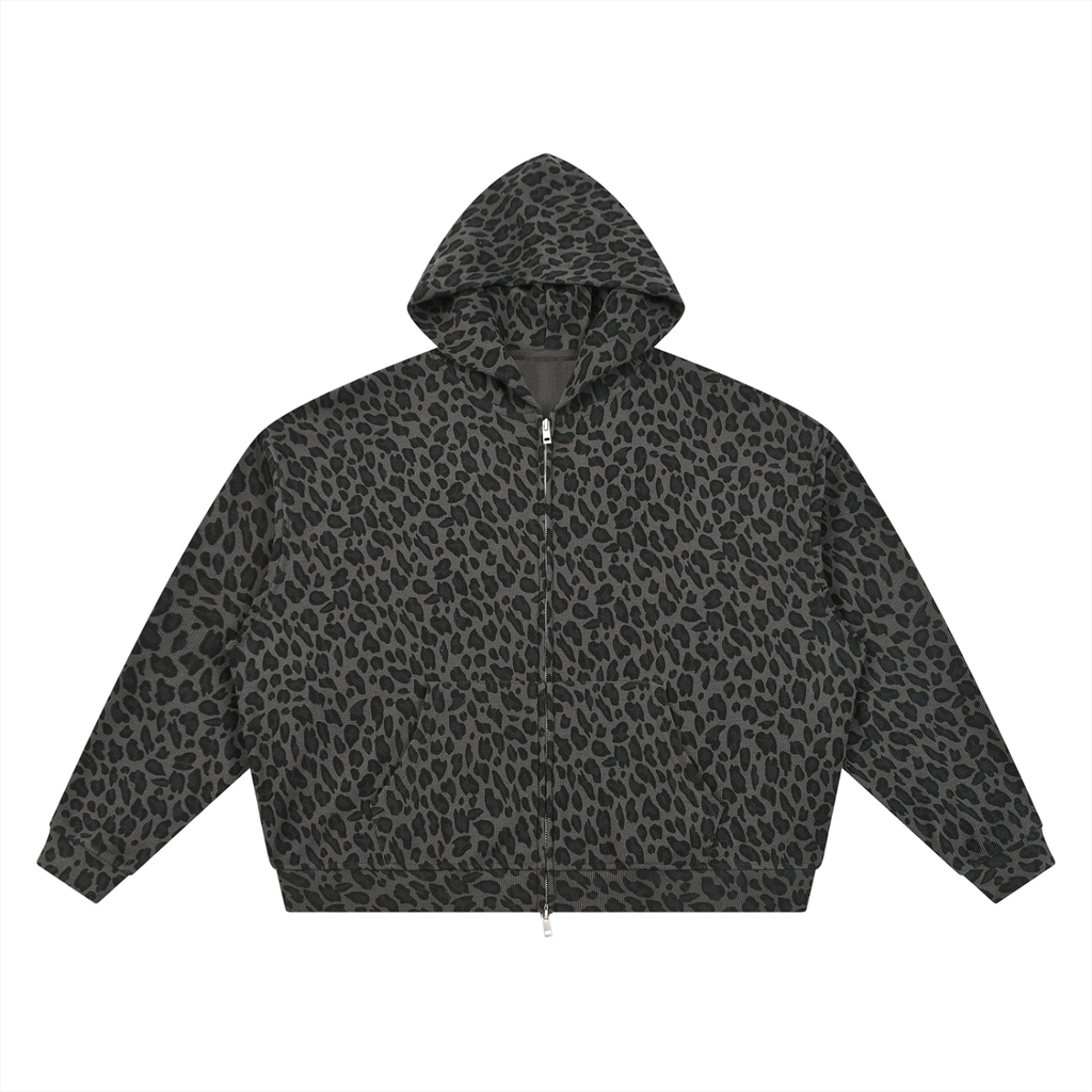 Unisex Leopard Print Waffle Full Zip Hoodie